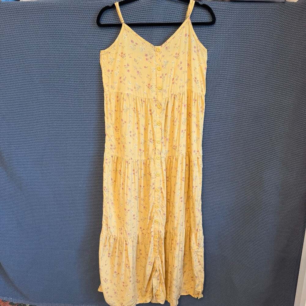 Pink Rose Maxi Dress Size L Yellow Floral Tiered Button Front Rayon